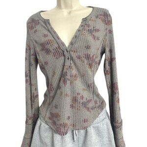 Free People Ribbed Floral Henley Bohemian, Cottage Bell Long Sleeves Sweater Sm